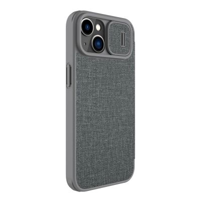 4. Nillkin Qin Cloth Pro Case etui do iPhone 14 Plus osłona na aparat kabura pokrowiec obudowa z klapką szary