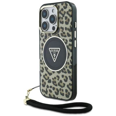 Etui Guess HC IML Leopard Triangle Cord Strap MagSafe do iPhone 16 Pro - brązowe