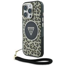Etui Guess HC IML Leopard Triangle Cord Strap MagSafe do iPhone 16 Pro - brązowe