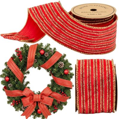 WSTĄŻKA ZŁOTE PASKI 6,3CMx3M CZERWONA