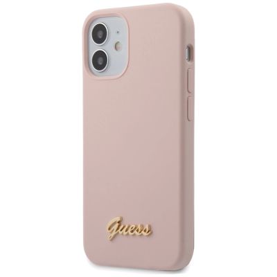5. Etui Guess Silicone Script Gold Logo na iPhone 12 mini - jasnoróżowe