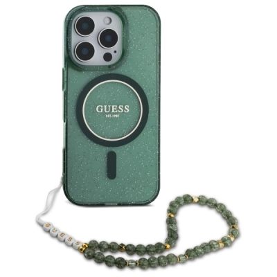 2. Etui Guess IML Glitter With Pearl Strap MagSafe na iPhone 16 Pro Max - zielone