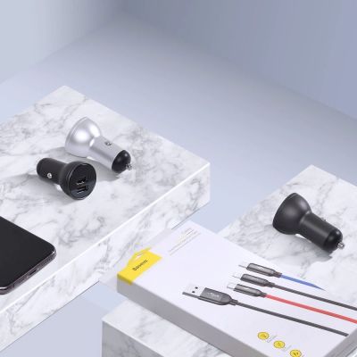 6. Baseus ładowarka samochodowa 2x USB 4,8A 24W z LCD + kabel 3w1 USB - USB Typ C / micro USB / Lightning 1,2m czarny (TZCCBX-0G)