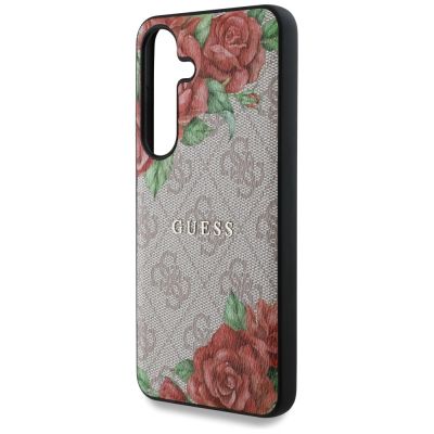 6. Etui Guess Leather 4G Flowers Print Metal Classic Logo MagSafe na Samsung Galaxy S25 - różowe