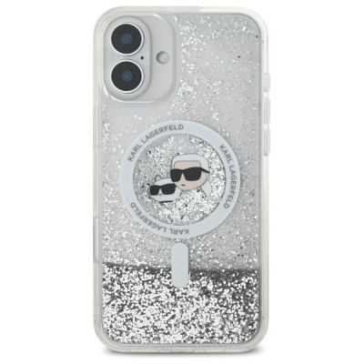 3. Etui Karl Lagerfeld Liquid Glitter Karl & Choupette Head Magsafe na iPhone 16 Plus - przezroczyste