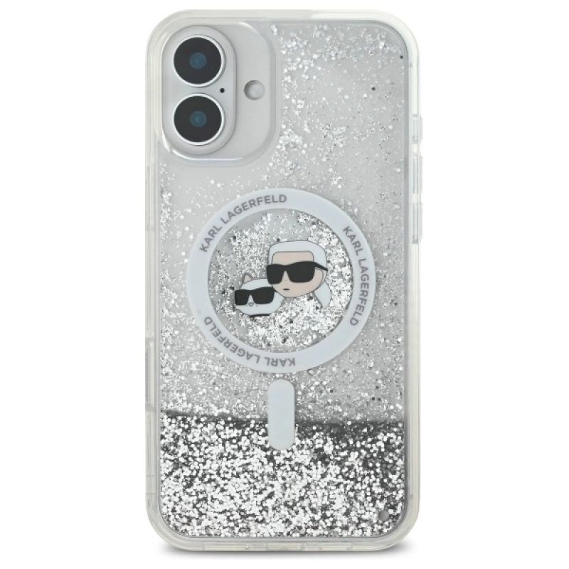 3. Etui Karl Lagerfeld Liquid Glitter Karl & Choupette Head Magsafe na iPhone 16 Plus - przezroczyste