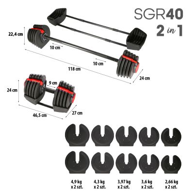 9. Zestaw regulowanych sztangielek HMS SGR40 PRO SET 2w1 43,5 kg