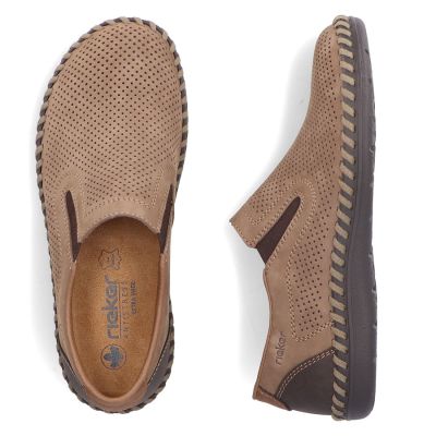 4. Skórzane półbuty męskie ażurowe wsuwane beżowe Rieker B2460-25