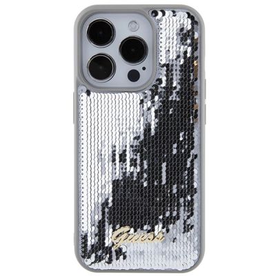 3. Etui Guess Sequin Script Metal na iPhone 15 Pro - srebrne