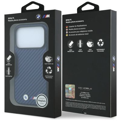 8. Etui BMW M Carbon Metal Logo MagSafe na iPhone 17 Pro Max / 18 Pro Max - granatowe