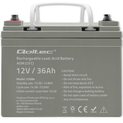 4. Qoltec  Akumulator AGM | 12V | 36Ah | Bezobsługowy | Wydajny | LongLife | do UPS, skutera