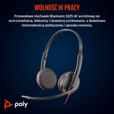 119. POLY Stereofoniczny zestaw słuchawkowy USB-C Blackwire 3225 + wtyczka 3,5 mm + przejściówka USB-C/A (opakowanie zbiorcze)