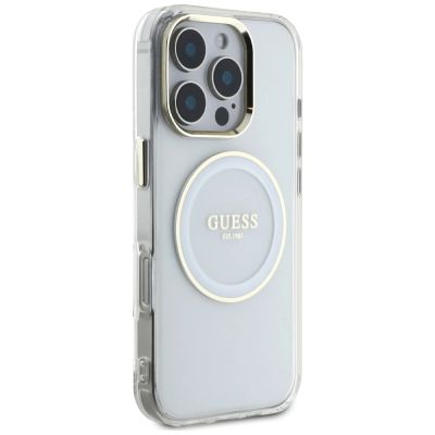 4. Etui Guess IML Metal Colored Circle Classic Logo MagSafe na iPhone 16 Pro - białe