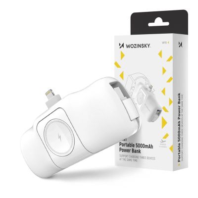 13. Mini powerbank Wozinsky WF16-YLS 5000mAh 15W Lightning z wbudowanym kablem USB-C i ładowarką do Apple Watch - biały