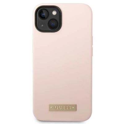 3. Etui Guess Silicone Logo Plate MagSafe na iPhone 13 / 14 / 15 - różowe
