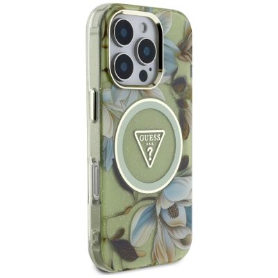 4. Etui Guess Glitter Flowers Triangle Buttons MagSafe do iPhone 16 Pro Max zielony