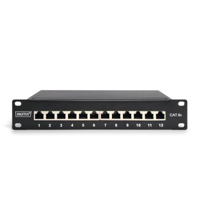 3. Digitus Panel krosowy (patch panel) 10'' 12x RJ45, LSA poziom, kat.6A, ekranowany, 1U, czarny, prowadnica kabli