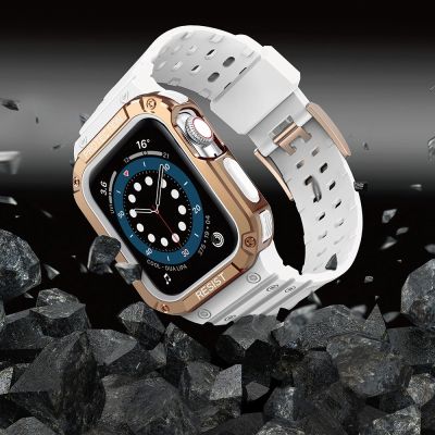 9. Pasek z etui ochronnym Protect Strap Band do Apple Watch 38 / 40 / 41 mm opaska obudowa pancerna - biały, różowe złoto