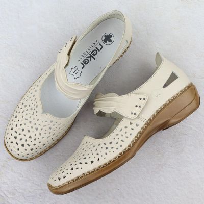 12. Skórzane półbuty damskie na rzep ażurowe beżowe Rieker 41399-14