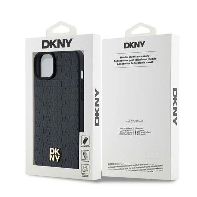 8. Etui DKNY Leather Monogram Pattern Metal Logo MagSafe na iPhone 15 Plus / 14 Plus - czarne