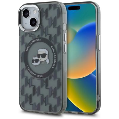 Etui Karl Lagerfeld IML Monogram Karl & Choupette Head MagSafe na iPhone 15 Plus - czarne