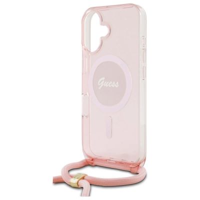 5. Etui Guess Crossbody Cord Script MagSafe na iPhone 16 - różowe