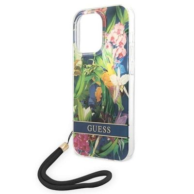 5. Etui Guess Flower Strap na iPhone 14 Pro - niebieskie