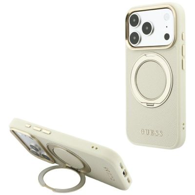 Etui Guess Ring Stand 360 Grained Classic Logo MagSafe na iPhone 18 Pro / 17 Pro - beżowe