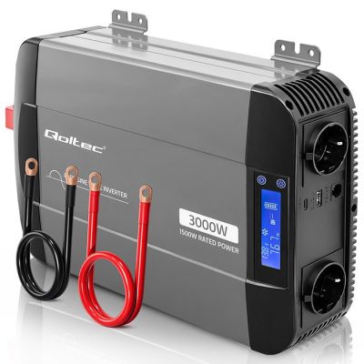 2. Qoltec Przetwornica napięcia Pure Sine Wave | 12V na 230V | 1500/3000W | LCD | USB | USB-C | Kompatybilna z LiFePO4 GEL AGM