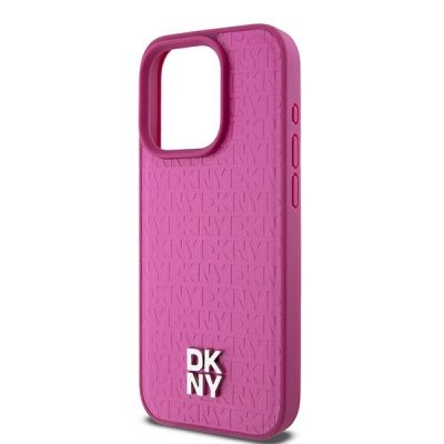 6. Etui DKNY Leather Monogram Pattern Metal Logo MagSafe na iPhone 15 Pro - różowe
