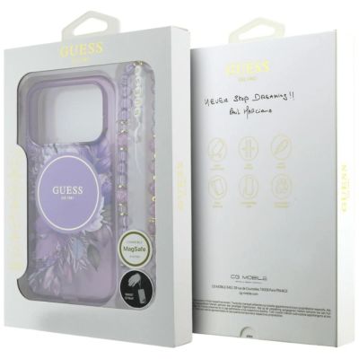 8. Etui Guess IML Flowers Pearl Strap MagSafe na iPhone 18 Pro / 17 Pro - fioletowe