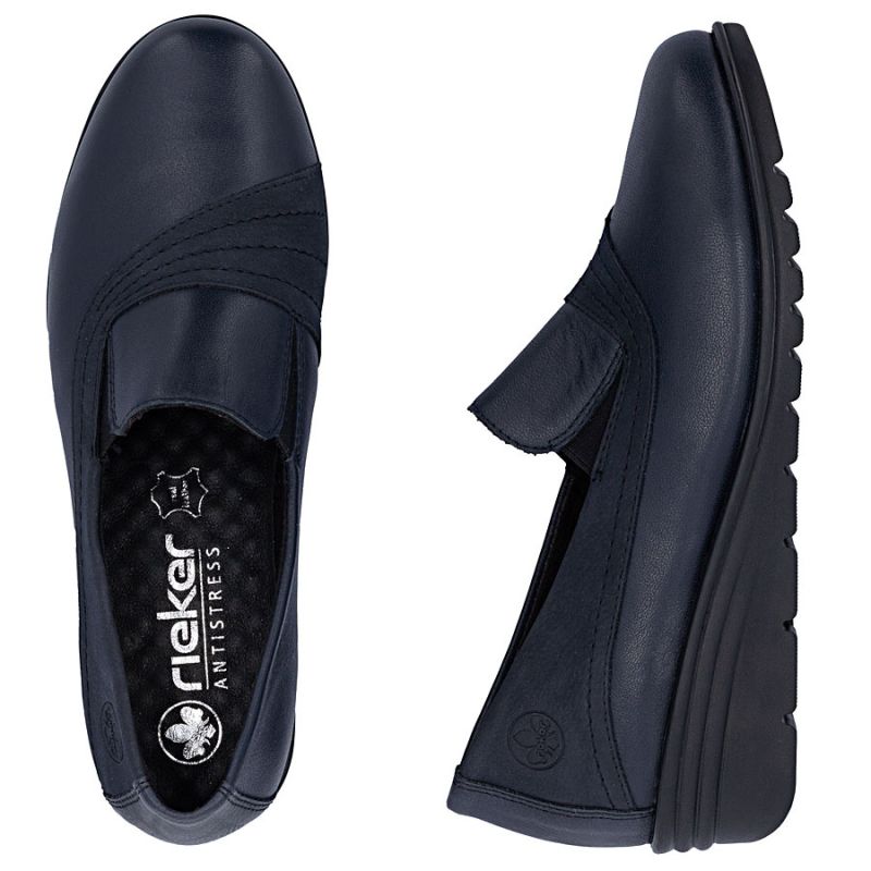 3. Skórzane półbuty damskie na koturnie granatowe Rieker L5356-14