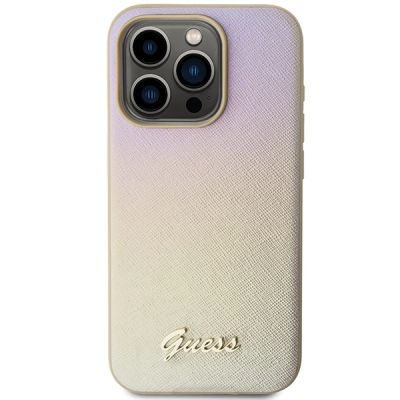 3. Etui Guess Saffiano Iridescent Script na iPhone 14 Pro - złote