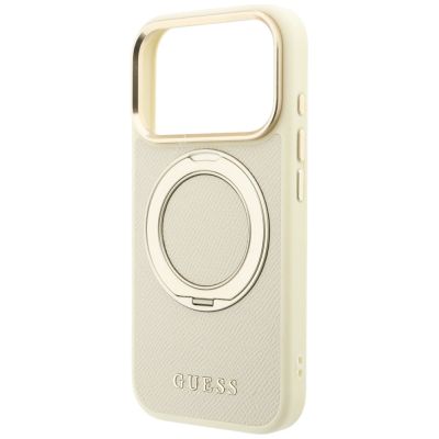 6. Etui Guess Ring Stand 360 Grained Classic Logo MagSafe na iPhone 18 Pro / 17 Pro - beżowe