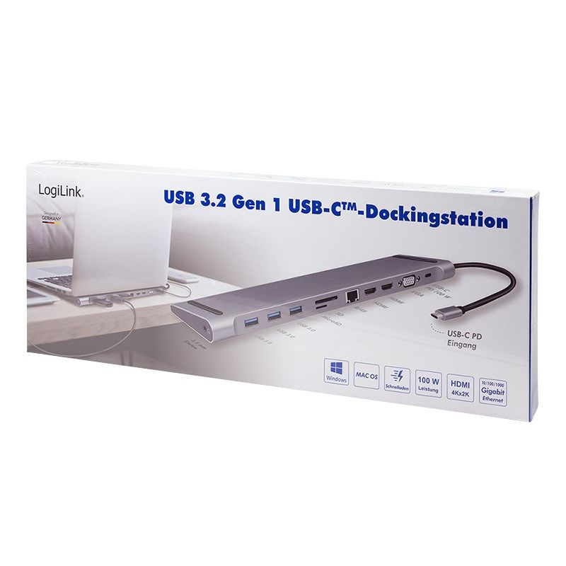 9. LogiLink UA0373 - Przewodowy - USB 3.2 Gen 1 (3.1 Gen 1) Type-C - 100 W - 3,5 mm - 10,100,1000 Mbit/s - Aluminiowy