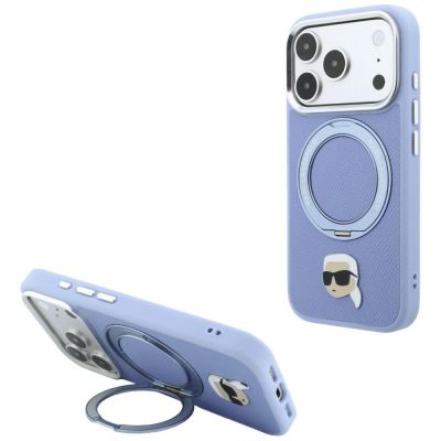 Etui Karl Lagerfeld with Ring Stand 360 Karl Head Pin MagSafe na iPhone 18 Pro / 17 Pro - jasnoniebieskie