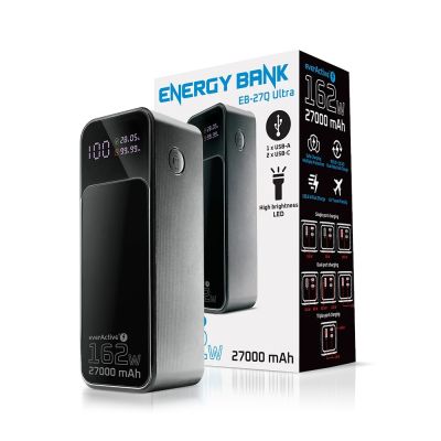10. EVERACTIVE POWERBANK 27 000MAH, 1X USB, 2X USB-C, 162,5W, QC4+, WBUDOWANA LATARKA, WYŚWIETLACZ LCD, CZARNY EB-27Q