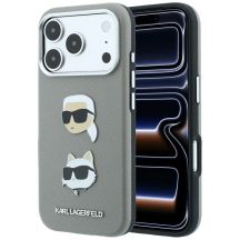 Etui Karl Lagerfeld Saffiano with Karl & Choupette Heads Pins & Logo na iPhone 18 Pro Max / 17 Pro Max - szare