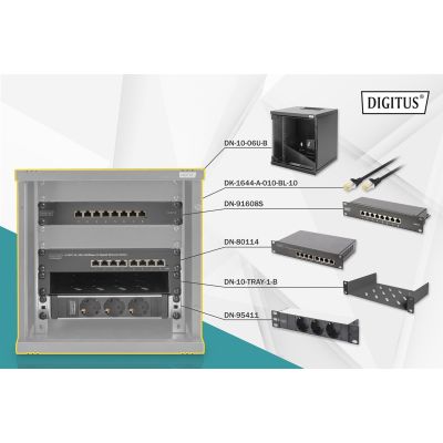 8. Zestaw sieciowy 10": szafa wisząca 6U, półka, listwa zasilająca, 8-port switch, panel kat.6, czarny