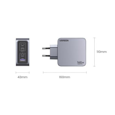 8. Ugreen Nexode Pro 160W GaN Charger with USB-C Cable Uniwersalne Czarny, Szary Prąd przemienny Szybkie ładowanie Wewnętrzna