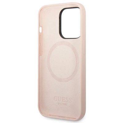 7. Etui Guess Silicone Logo Plate MagSafe na iPhone 14 Pro Max - różowe