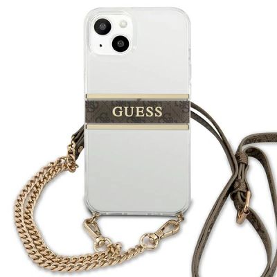 9. Etui Guess 4G Brown Strap Gold Chain na iPhone 13 mini - przezroczyste