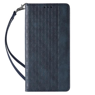 4. Magnet Strap Case etui iPhone 14 Pro Max pokrowiec z klapką portfel mini smycz podstawka niebieskie