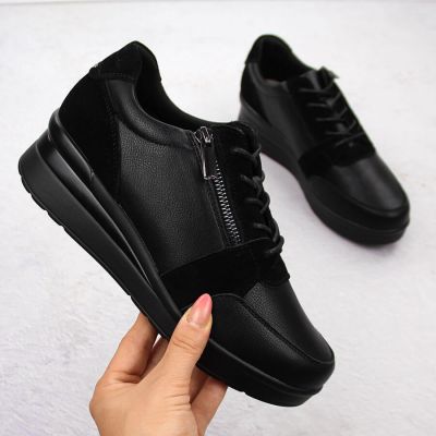 Skórzane sneakersy damskie na koturnie czarne Sergio Leone PB236-S