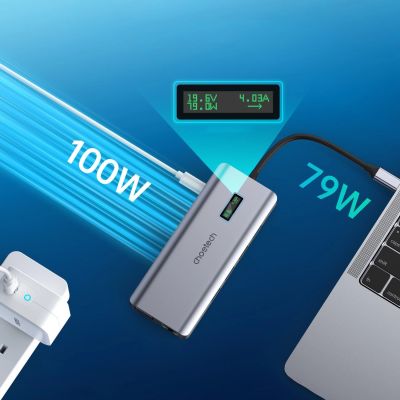 5. Choetech HUB wielofunkcyjny z wyświetlaczem 12w1 USB-C do 1xUSB-C/4xUSB-A/2xHDMI/1xVGA/1xAUX/czytnik kart pamięci szary (HUB-M26)