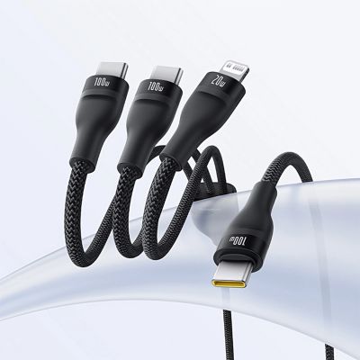 11. Kabel 3w1 Baseus Flash Series 3 100W USB-C - USB-C+USB-C+Lightning 1,5m + 3 x 0,25 m - czarny