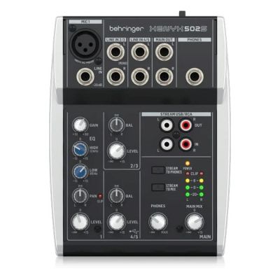 5. Behringer 502S - 5-kanałowy kompaktowy mikser analogowy z interfejsem USB zaprojektowany specjalnie do obsługi podcastów, streamowania oraz nagrywania w domu