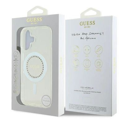8. Etui Guess IML Rhinestones MagSafe na iPhone 16 Plus - białe