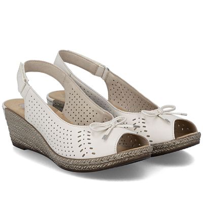 3. Skórzane sandały damskie na koturnie z kokardką Rieker 624H1-60