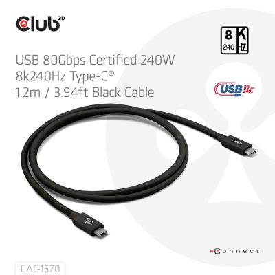 3. CLUB3D CAC-1570 kabel USB USB4 Gen 2x2 1,2 m USB C 80 Gbit/s 240 W Czarny